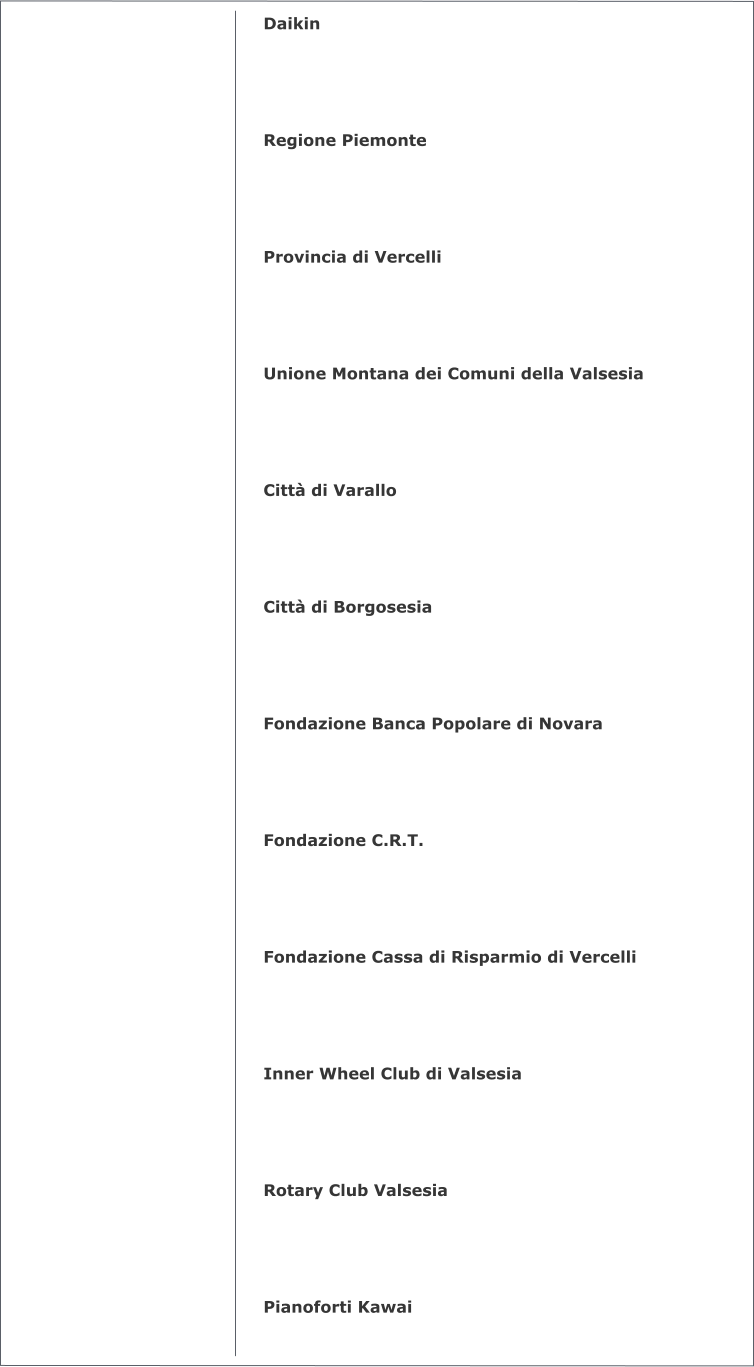Daikin     Regione Piemonte     Provincia di Vercelli     Unione Montana dei Comuni della Valsesia     Città di Varallo     Città di Borgosesia     Fondazione Banca Popolare di Novara     Fondazione C.R.T.     Fondazione Cassa di Risparmio di Vercelli     Inner Wheel Club di Valsesia     Rotary Club Valsesia     Pianoforti Kawai